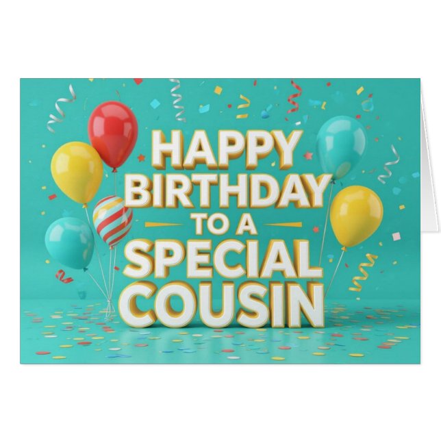 Cute Birthday Balloons & Confetti Card for Cousin (Front Horizontal)