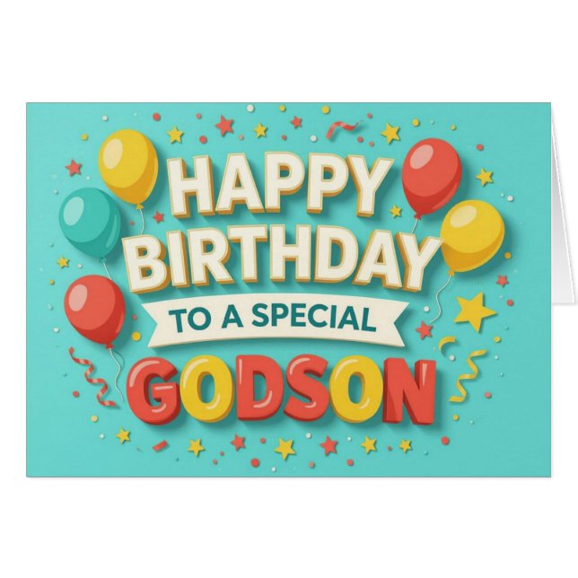 Cute Birthday Balloons & Confetti Card for Godson (Front Horizontal)