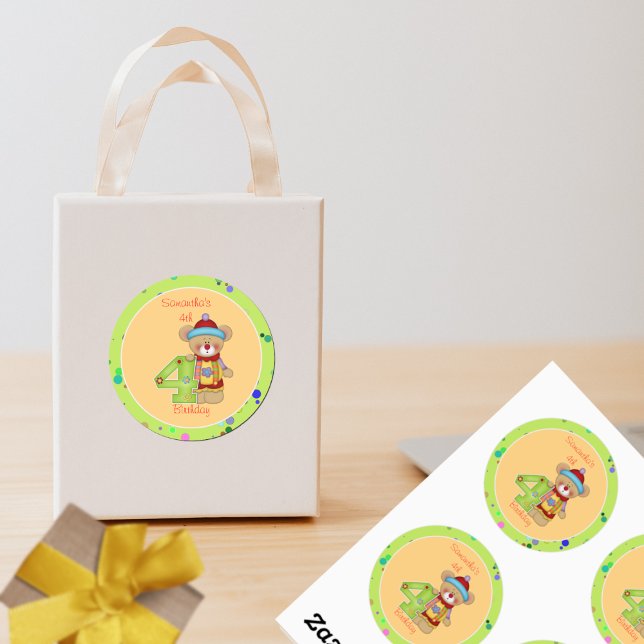 Cute Birthday Bear Age 4 Classic Round Sticker (Creator Uploaded)