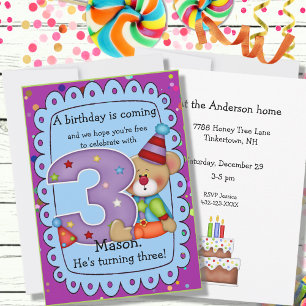 Cute Birthday Bear Invite Age 3