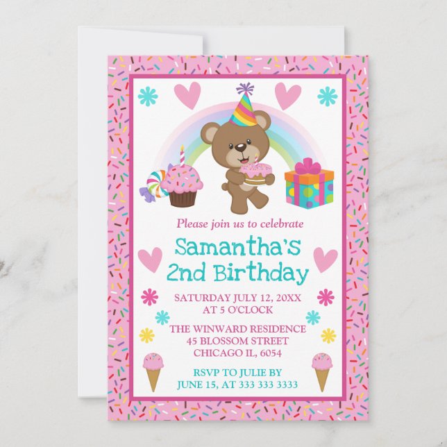 Cute Birthday Bear & Rainbow & Cake Invitation (Front)