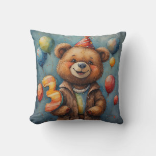 Cute Birthday Bear With Balloons And Party Hat Cushion
