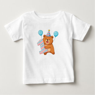 Cute Birthday Bear With Party Hat And Balloons Baby T-Shirt