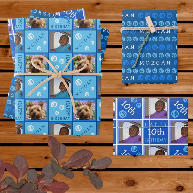 Cute Birthday Blue 3 Photo Any Age Add Name Wrapping Paper Sheet (Creator Uploaded)