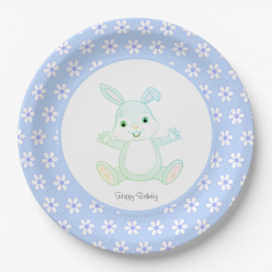 Cute Birthday Bunny & Flowers on Light Blue Paper Plate