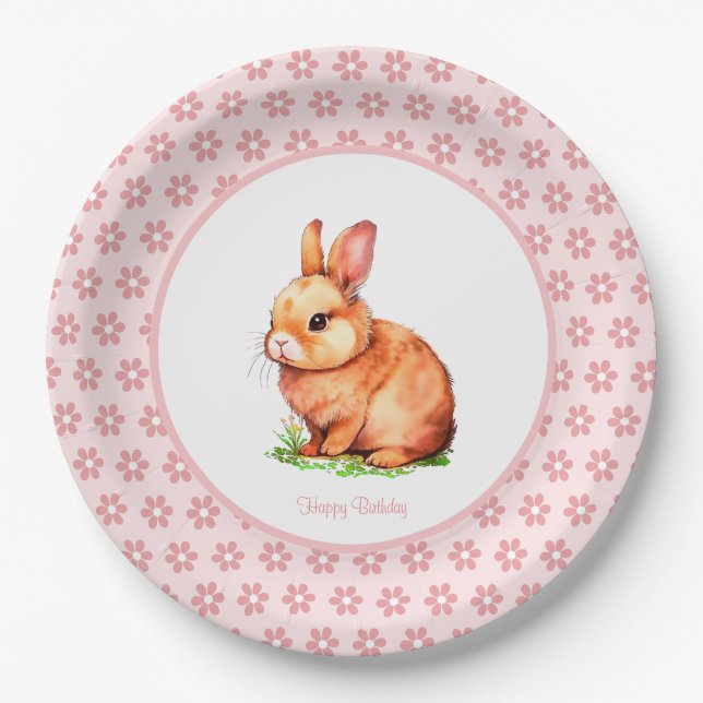 Cute Birthday Bunny & Flowers on Light Pink Paper  Plate (Front)