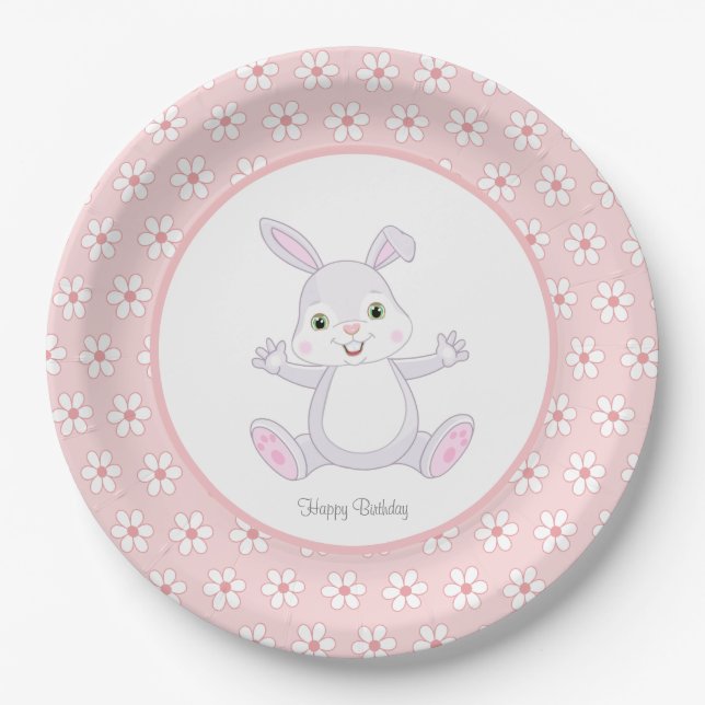 Cute Birthday Bunny & Flowers on Light Pink Paper Plate (Front)