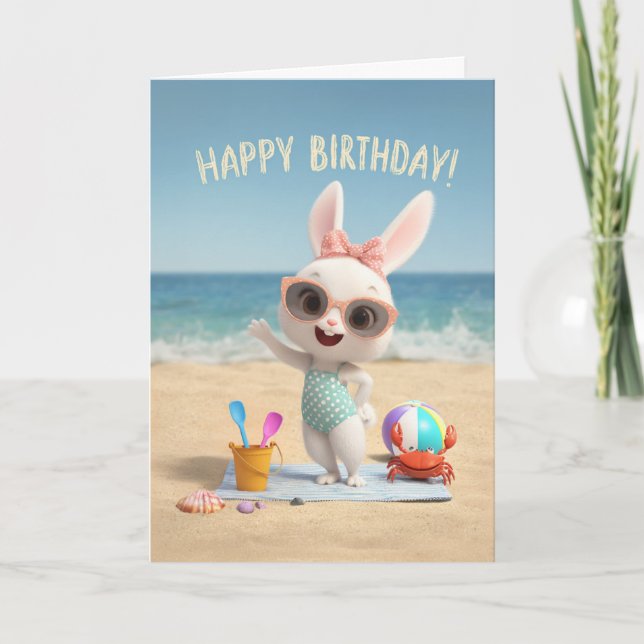 Cute Birthday Bunny in Polka Dot Swimsuit at Beach Card (Front)