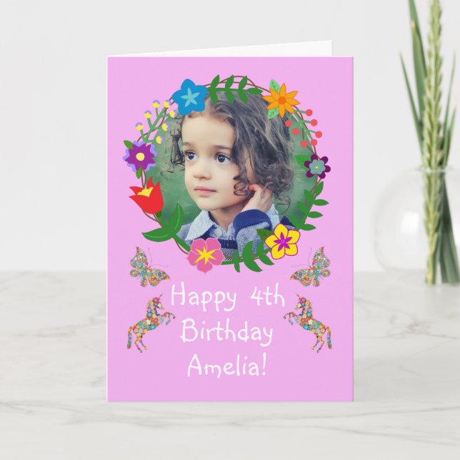 Cute Birthday Card Kids Butterflies Unicorns Photo (Front)