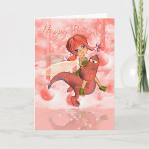 Cute Birthday card, pink dragon and fairy Card