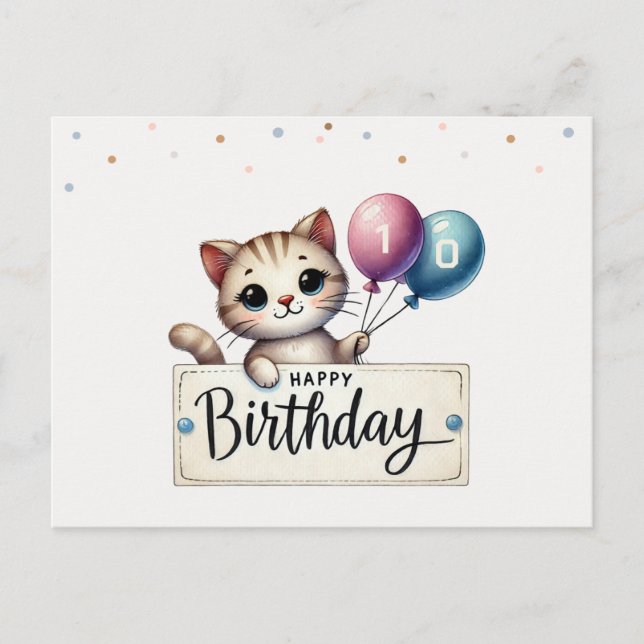 Cute Birthday Card with Happy Cat and Balloons (Front)