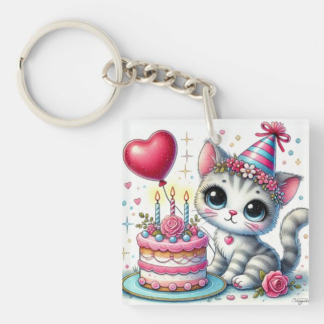 🎂 Cute Birthday Cat Gift For Cat Lover 🎁 Key Ring (Front)