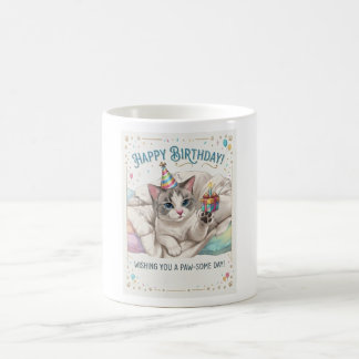 Cute Birthday Cat with Party Hat and Gift Coffee Mug