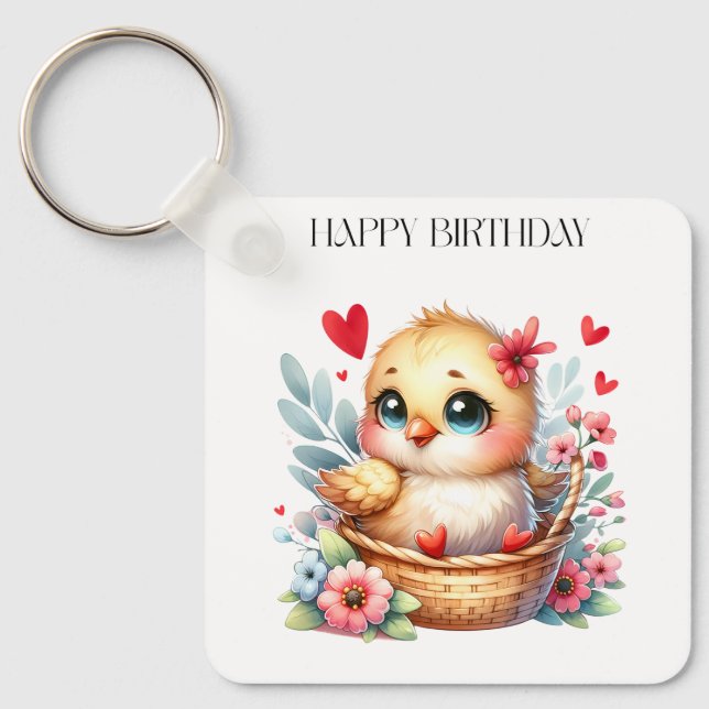 Cute Birthday Chick. Key Ring (Front)