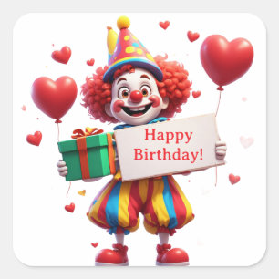 Cute Birthday Clown Holding Sign ❤️ Square Sticker