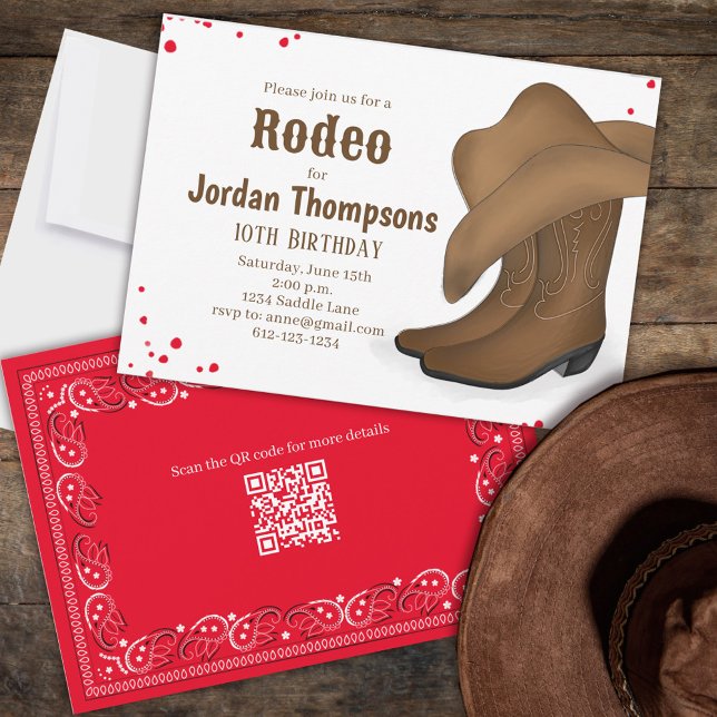 Cute Birthday Cowboy Rodeo Red Bandanna QR Code Invitation (Creator Uploaded)