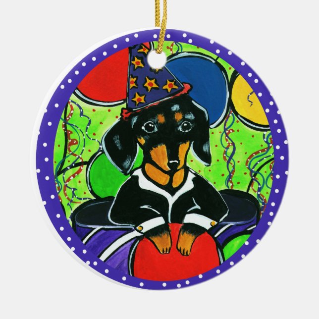 Cute Birthday Dachshund Ceramic Tree Decoration (Front)