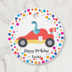 Cute Birthday Dinosaur race car boy red racing nam Favour Tags