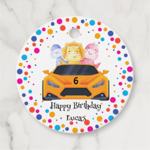 Cute Birthday Dinosaur race car boy Yellow racing Favour Tags