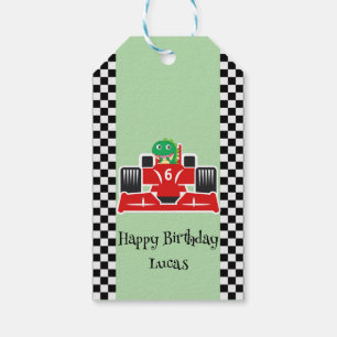 Cute Birthday Dinosaur race red car boy racing kid Gift Tags