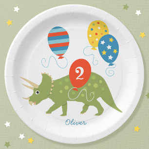 Cute Birthday Dinosaur Triceratops Custom Name Age Paper Plate