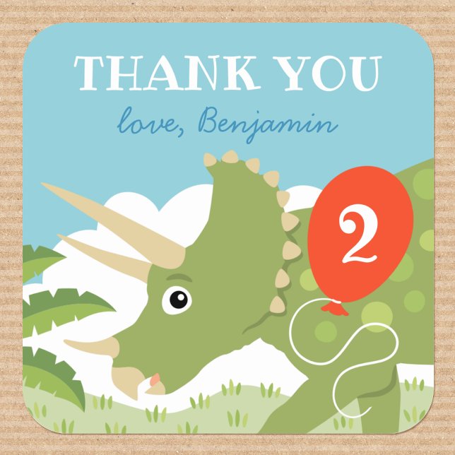 Cute Birthday Dinosaur Triceratops Custom Name Age Square Sticker (Creator Uploaded)