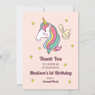 Cute Birthday Doodle Flying Rainbow Unicorn Thank You Card
