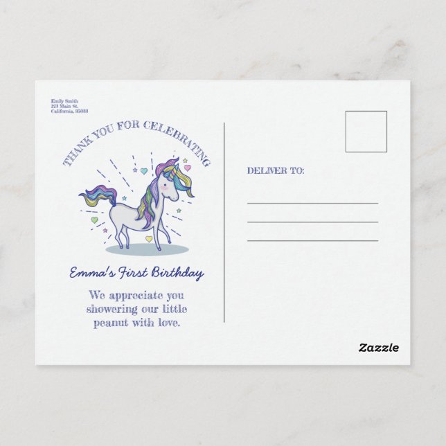 Cute Birthday Doodle Rainbow Unicorn Thank You Postcard (Back)