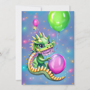 Cute Birthday Dragon with Balloons Holiday Card