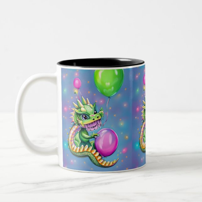 Cute Birthday Dragon with Balloons  Two-Tone Coffee Mug (Left)