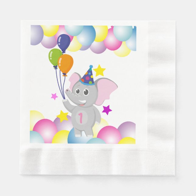 Cute Birthday elephant with balloons Napkin (Front)
