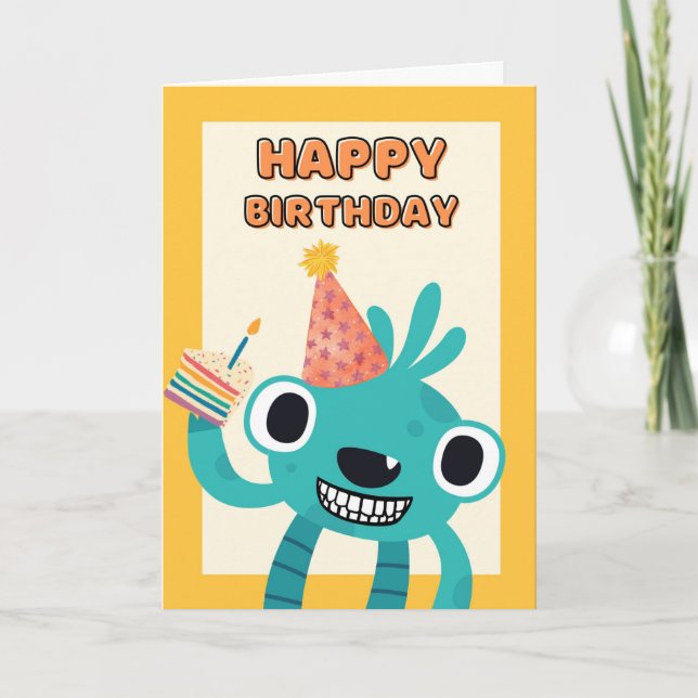 Cute Birthday for Child Smiling Creature with Cake Card (Front)