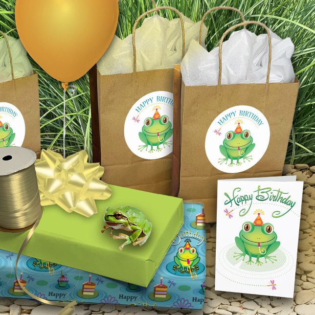 Cute Birthday Frog  Classic Round Sticker (card: https://www.zazzle.com/green_birthday_frog_toads_of_fun_card-256650652448799397)