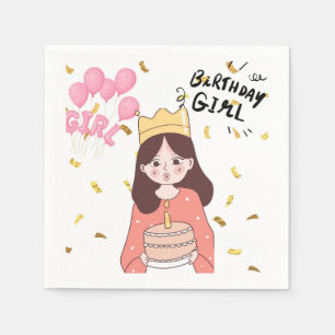 Cute Birthday Girl Crown Cake Party Napkin & Custo