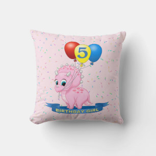 Cute Birthday Girl Pink Baby Triceratops Dino Cushion