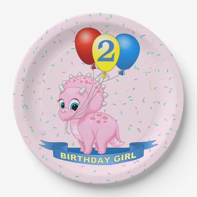Cute Birthday Girl Pink Baby Triceratops Dino Paper Plate (Front)