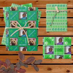 Cute Birthday Green 3 Photo Any Age Add Name Wrapping Paper Sheet