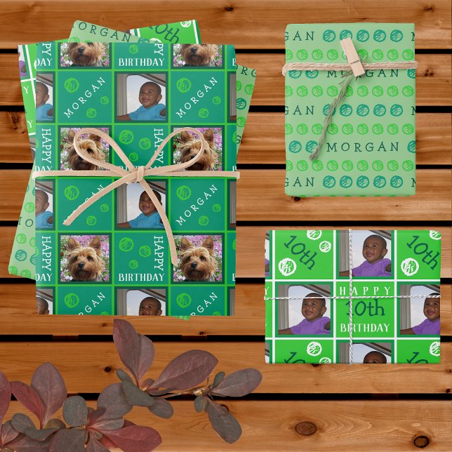 Cute Birthday Green 3 Photo Any Age Add Name Wrapping Paper Sheet (Creator Uploaded)