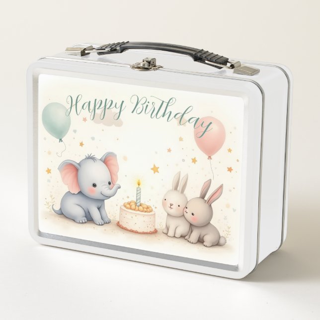 Cute Birthday Greeting with Animal Friends Metal Lunch Box (Front)