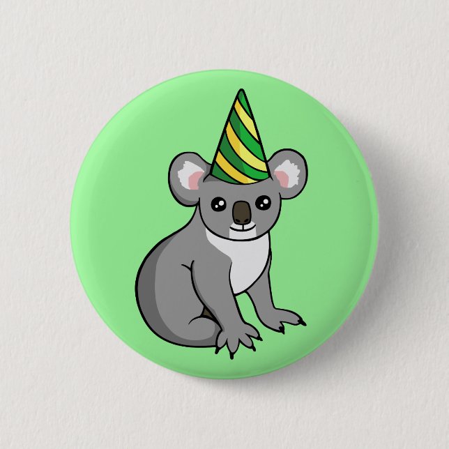 Cute Birthday Koala in Party Hat Drawing Badge (Front)
