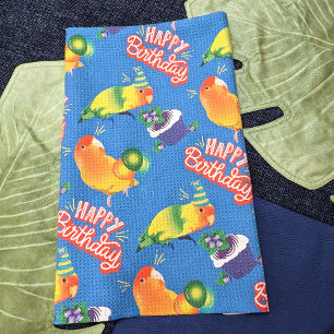 Cute Birthday Lovebird Party Parrots Colourful Blu Tea Towel