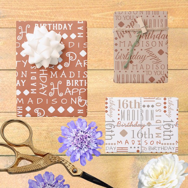 Cute Birthday Neutral Tan Any Age Add Childs Name Wrapping Paper Sheet (So easy to customize, these typography Birthday wrapping paper sheets will bring WOW to the party.)