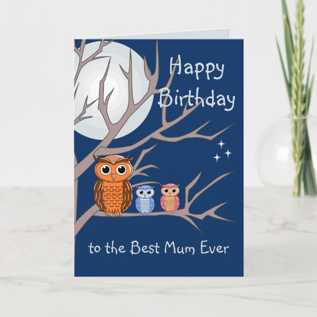 Cute Birthday Owl and 2 Owlets Card (Front)