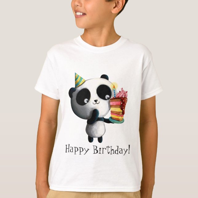 Cute Birthday Panda with Cake T-Shirt (Front)