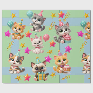 Cute Birthday Party Cats Wrapping Paper   Kawaii K