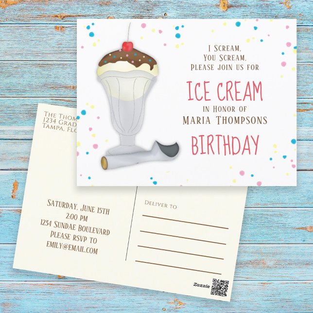 Cute Birthday Party Ice Cream Custom Invitation Postcard (Creator Uploaded)