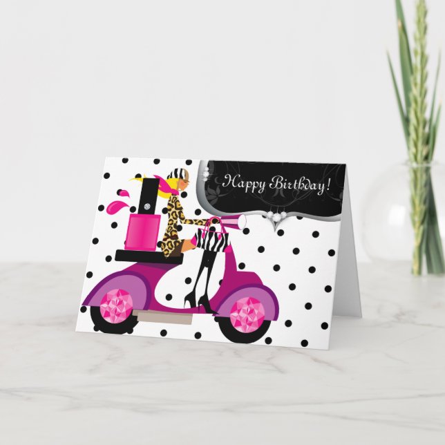 Cute Birthday Party Nail Polish Scooter Girl Dots Card (Front)