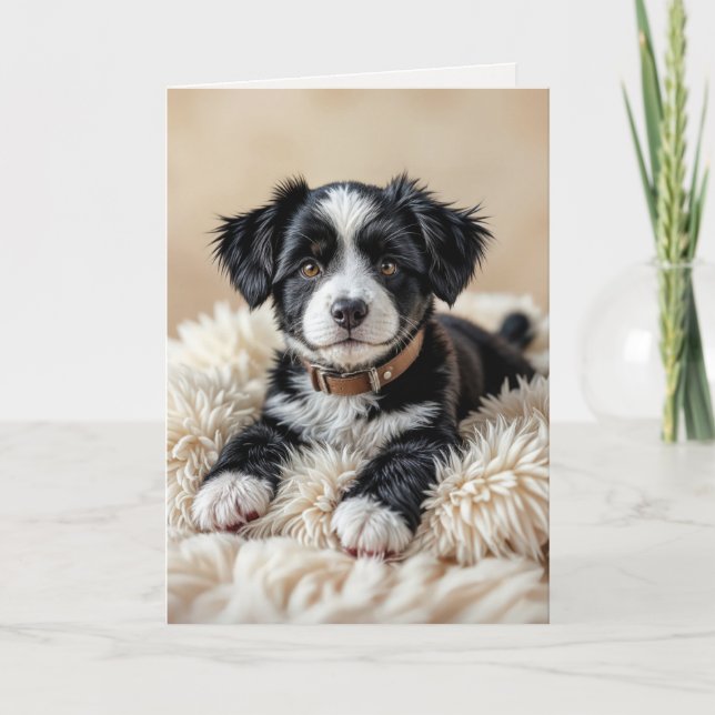 Cute Birthday Puppy On a Fur Pillow Card (Front)