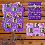 Cute Birthday Purple 3 Photo Any Age Add Name Wrapping Paper Sheet<br><div class="desc">Create your own personalised birthday wrapping paper with this three sheet assortment in shades of purple featuring three of your photos and your child's name and age. Fun for kids and adults from age one to one hundred, the three designs highlight typography, your photos and fun graphic elements in purple,...</div>