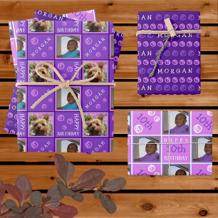 Cute Birthday Purple 3 Photo Any Age Add Name Wrapping Paper Sheet